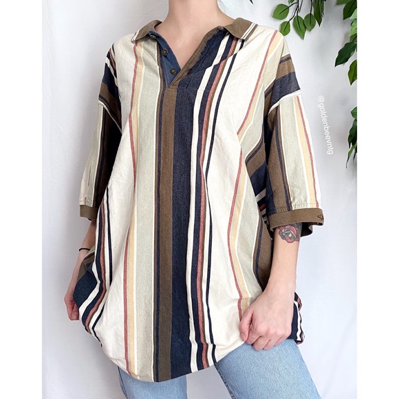 SOLD • Vintage Oversized Retro Striped Color Block Neutral Cotton Henley Top - Picture 4 of 8